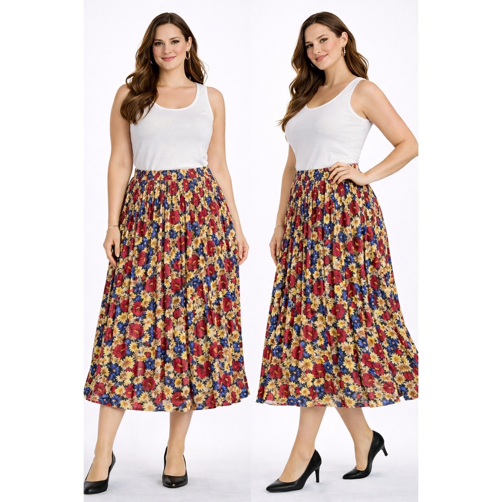 Sag Harbor Floral Pleated Midi Skirt Red Blue Yellow Elastic Waist Size Large